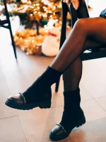 Ghete dama negre din piele ecologica si material textil Ignacia