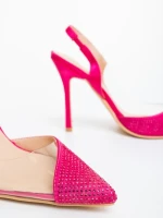 Pantofi dama cu toc roz din material textil Tameza