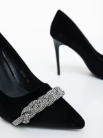 Pantofi dama cu toc negri din material textil Floriana