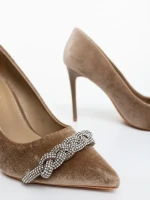 Pantofi dama cu toc bej din material textil Floriana