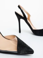 Pantofi dama cu toc negri din material textil Tameza