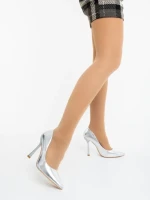 Pantofi dama cu toc argintii din piele ecologica lacuita Frodina