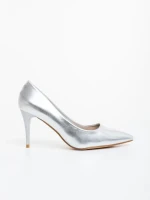 Pantofi dama cu toc argintii din piele ecologica lacuita Namura
