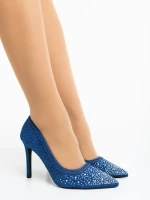 Pantofi dama cu toc albastri inchis din material textil Cavila