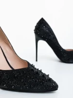 Pantofi dama cu toc negri din material textil Zamera