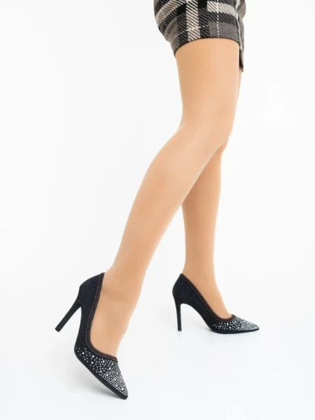 Pantofi dama cu toc negri din material textil Cavila