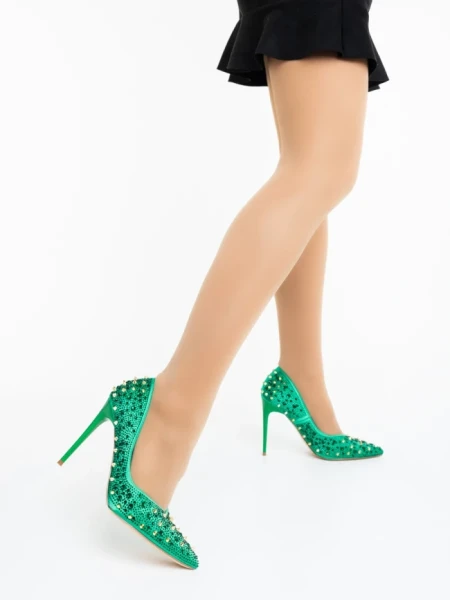 Pantofi dama cu toc verzi din material textil Zamera