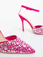 Pantofi dama cu toc fucsia din material textil Merenda