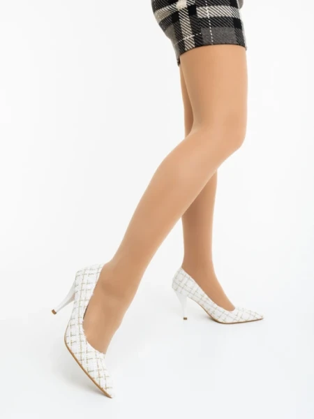 Pantofi dama cu toc albi din material textil Vicara