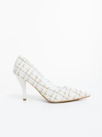 Pantofi dama cu toc albi din material textil Vicara