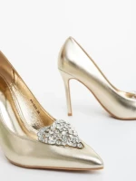 Pantofi dama cu toc aurii din piele ecologica lacuita Estora