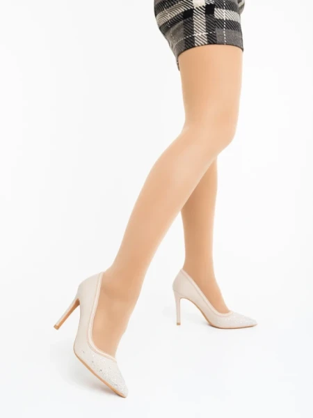 Pantofi dama cu toc bej din material textil Cavila