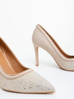 Pantofi dama cu toc bej din material textil Cavila