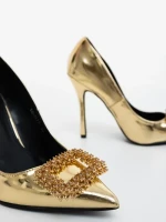 Pantofi dama cu toc aurii din piele ecologica lacuita Lusera