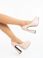 Pantofi dama cu toc bej din piele ecologica lacuita Dazani