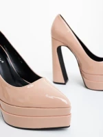 Pantofi dama cu toc bej din piele ecologica lacuita Dazani