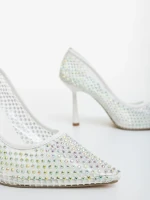 Pantofi dama cu toc albi din piele ecologica lacuita si material textil Nadania