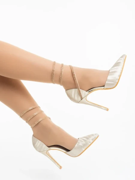 Pantofi dama cu toc aurii din material textil Radica