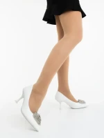 Pantofi dama cu toc albi din material textil Harina