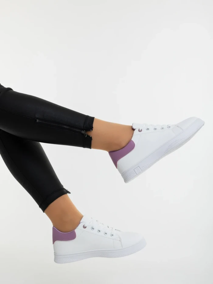 Pantofi sport dama albi cu mov din piele ecologica Everia