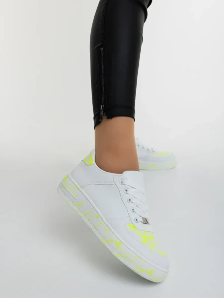 Pantofi sport dama albi cu verde neon din piele ecologica Safara