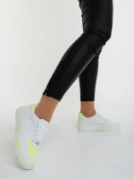 Pantofi sport dama albi cu verde neon din piele ecologica Safara
