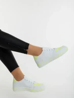 Pantofi sport dama albi cu verde neon din piele ecologica Safara