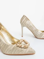 Pantofi dama cu toc aurii din material textil Severa