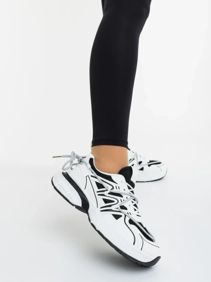 Pantofi sport dama albi cu negru din piele ecologica si material textil Lotiva