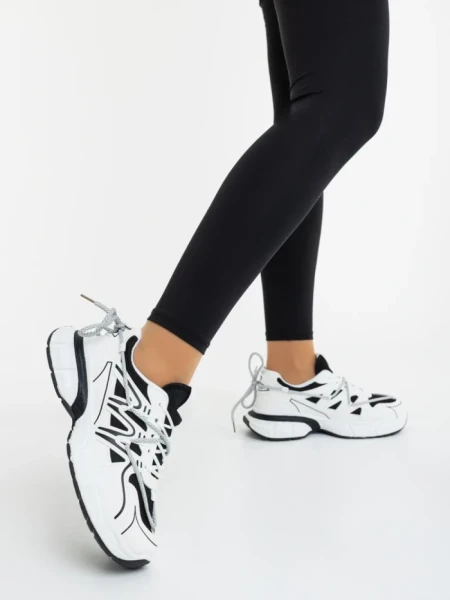 Pantofi sport dama albi cu negru din piele ecologica si material textil Lotiva