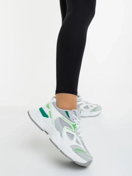Pantofi sport dama albi cu verde din piele ecologica si material textil Zehara
