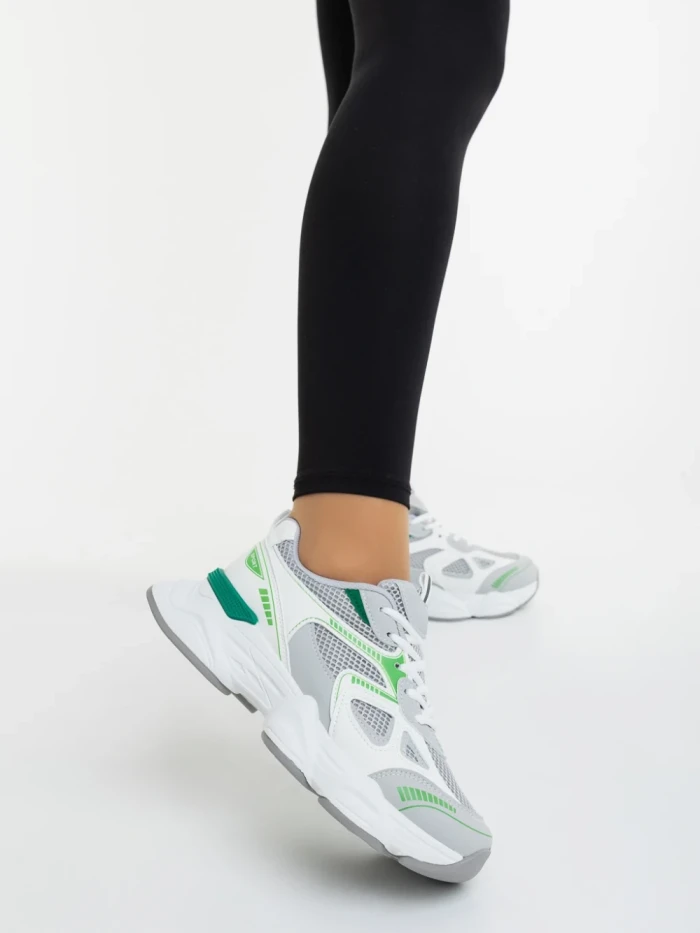 Pantofi sport dama albi cu verde din piele ecologica si material textil Zehara