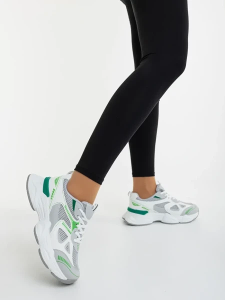 Pantofi sport dama albi cu verde din piele ecologica si material textil Zehara