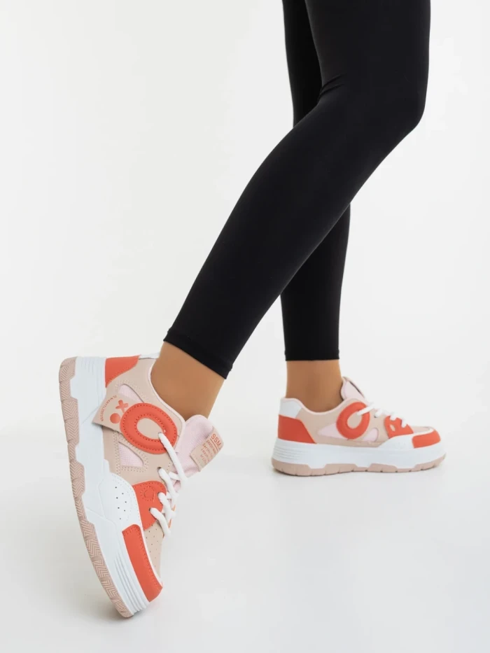 Pantofi sport dama bej cu portocaliu din piele ecologica si material textil Demana