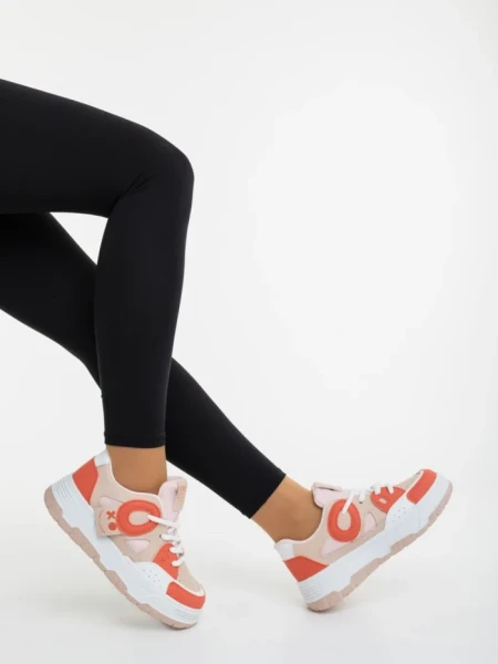 Pantofi sport dama bej cu portocaliu din piele ecologica si material textil Demana