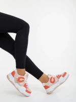 Pantofi sport dama bej cu portocaliu din piele ecologica si material textil Demana