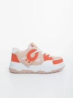 Pantofi sport dama bej cu portocaliu din piele ecologica si material textil Demana