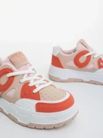 Pantofi sport dama bej cu portocaliu din piele ecologica si material textil Demana