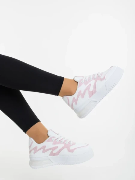 Pantofi sport dama albi cu roz din piele ecologica si material textil Sindria