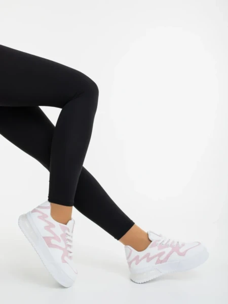Pantofi sport dama albi cu roz din piele ecologica si material textil Sindria