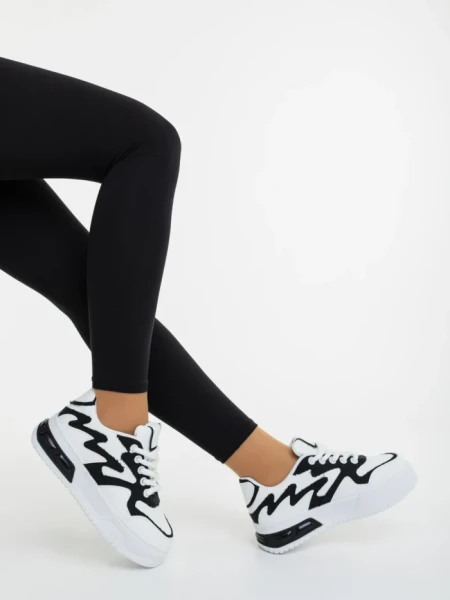 Pantofi sport dama albi cu negru din piele ecologica si material textil Sindria