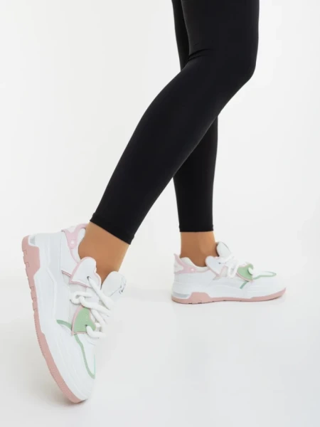 Pantofi sport dama albi cu roz din piele ecologica si material textil Lalona