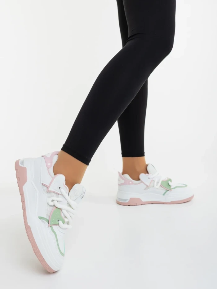 Pantofi sport dama albi cu roz din piele ecologica si material textil Lalona