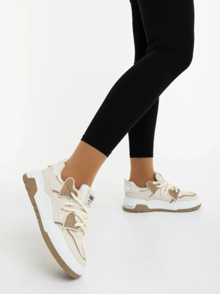 Pantofi sport dama bej din piele ecologica si material textil Lalona