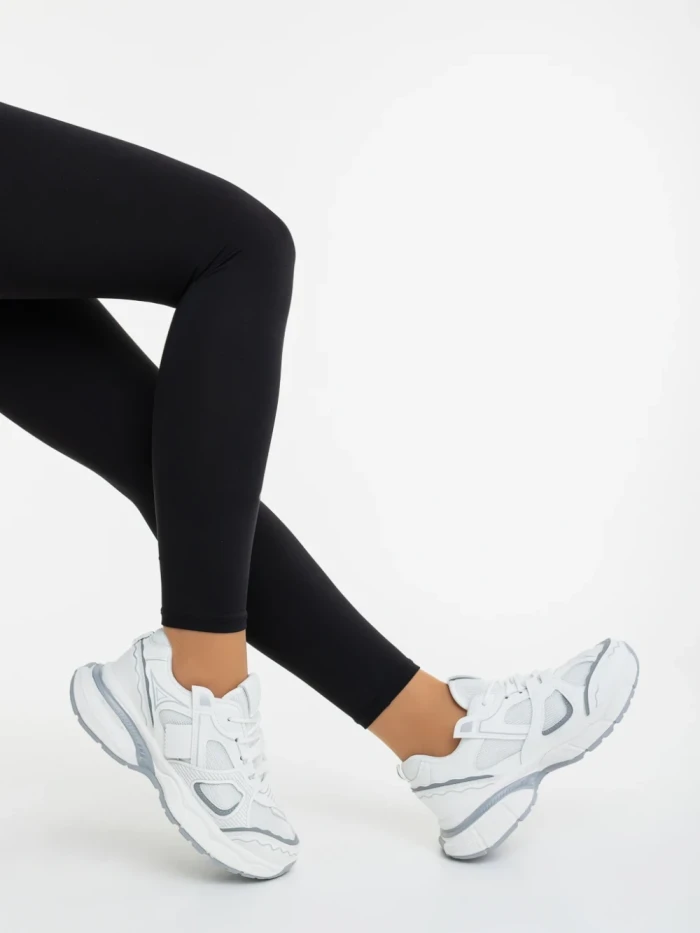 Pantofi sport dama albi cu gri din piele ecologica si material textil Revana