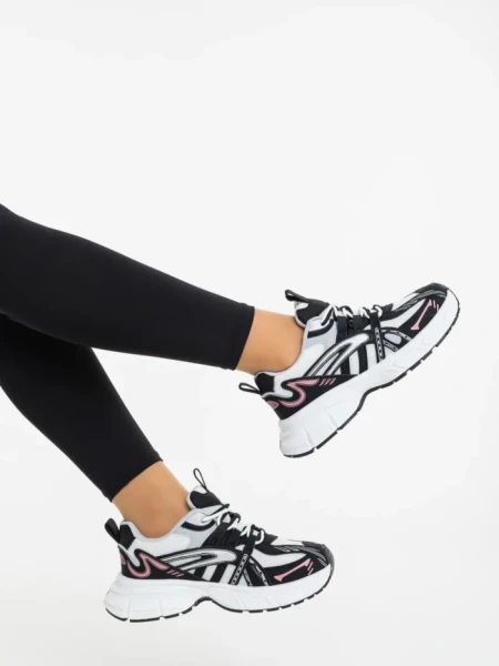Pantofi sport dama albi cu negru din piele ecologica si material textil Ardella