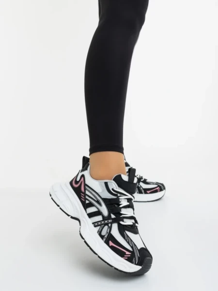 Pantofi sport dama albi cu negru din piele ecologica si material textil Ardella