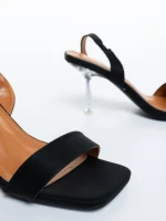 Sandale dama cu toc negre din material textil Laena