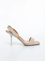 Sandale dama cu toc bej inchis din material textil Laena