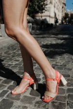 Sandale dama cu toc portocalii din material textil Astaria